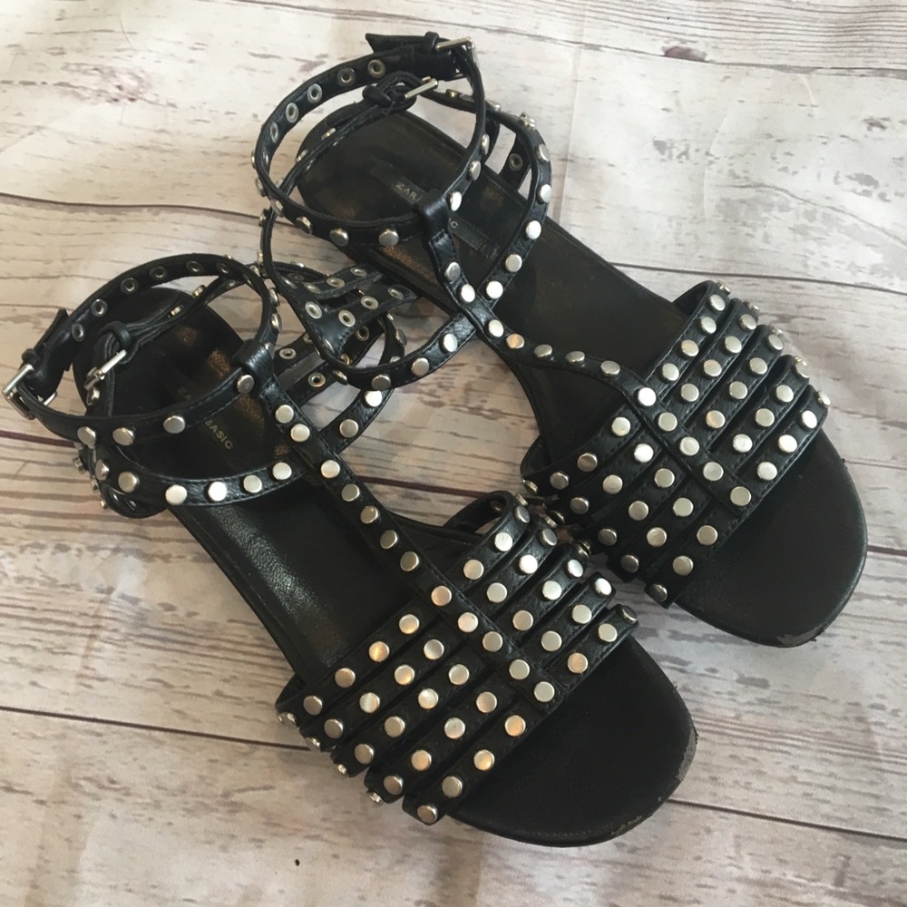 ZARA BASIC Black Studded Short Gladiator Sandals Sz 8